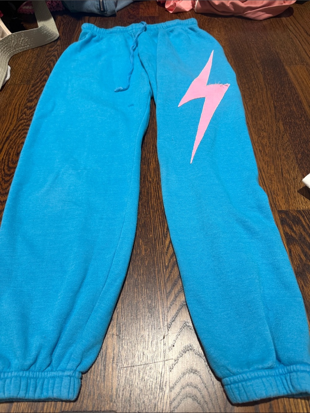 Aviator Nation Turquoise Track Pants with Pink Lightning Bolt